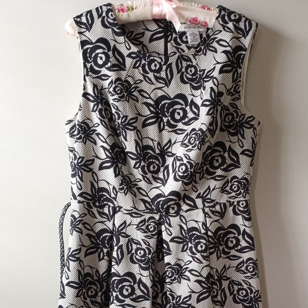 'Liz Claiborne' Black & Cream Floral Sleeveless Dress Size 12 EUC